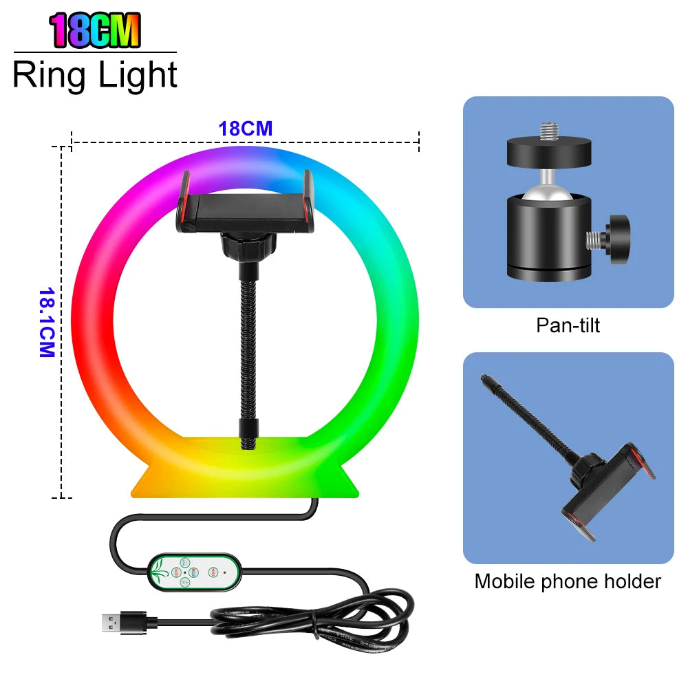 RGB Selfie Ring Light Led For Photography Dimmable Makeup Video Lamp Ring Light Professional USB Powered Circle Fill Lighting