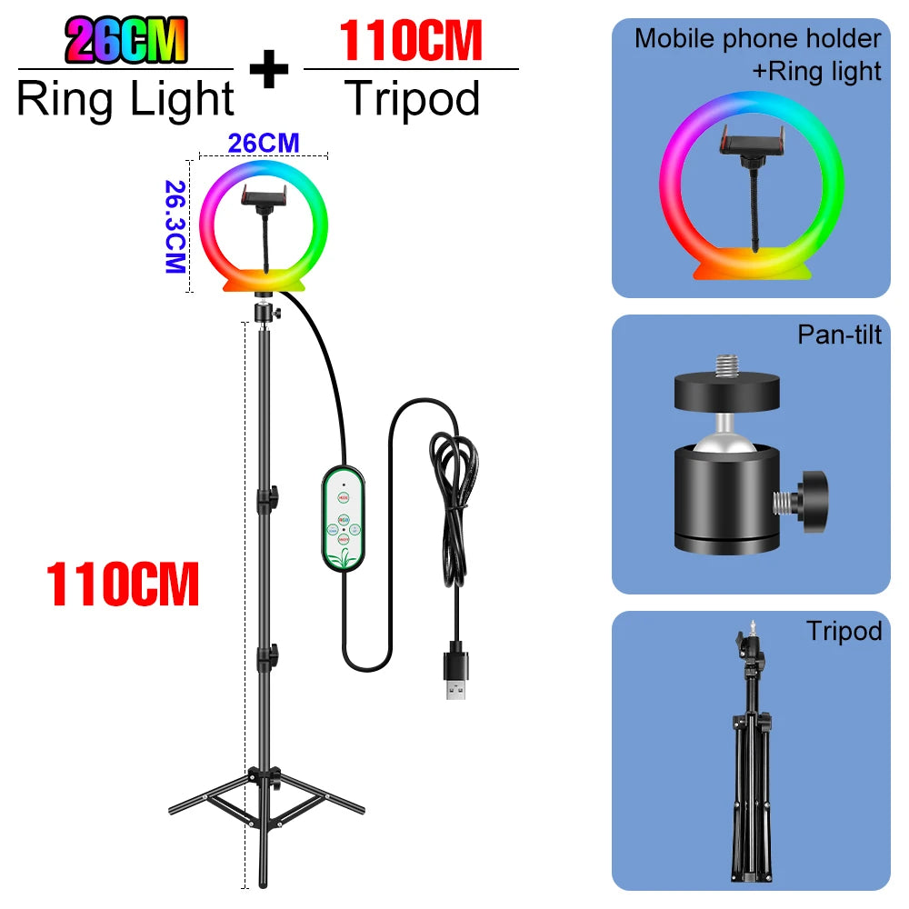 RGB Selfie Ring Light Led For Photography Dimmable Makeup Video Lamp Ring Light Professional USB Powered Circle Fill Lighting