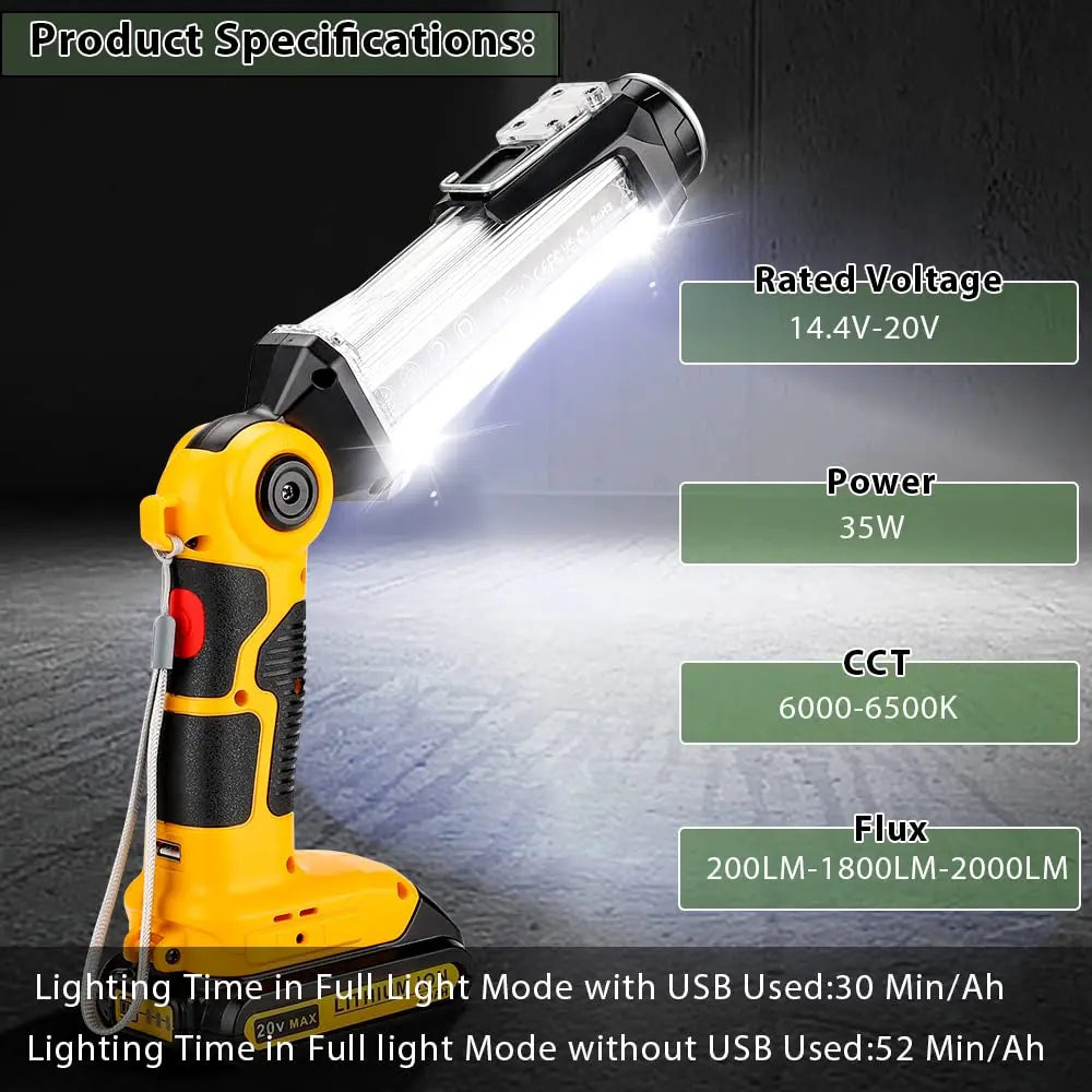 2000LM LED Work Light for Dewalt Flashlight 20V MAX Lithium BatteryPortable Light 3 Modes for Camping Car Repairing Emergency