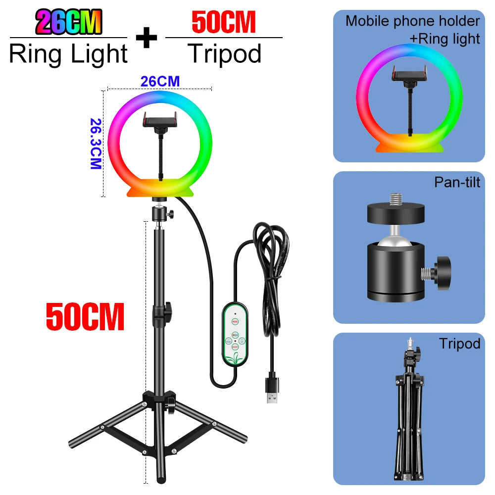 RGB Selfie Ring Light Led For Photography Dimmable Makeup Video Lamp Ring Light Professional USB Powered Circle Fill Lighting