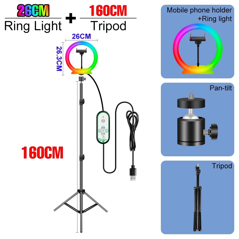 RGB Selfie Ring Light Led For Photography Dimmable Makeup Video Lamp Ring Light Professional USB Powered Circle Fill Lighting