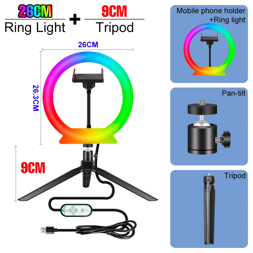 RGB Selfie Ring Light Led For Photography Dimmable Makeup Video Lamp Ring Light Professional USB Powered Circle Fill Lighting