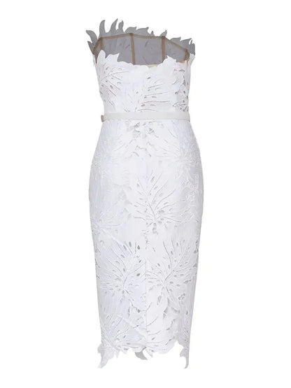 White Midi Dress Flower Cut-Out Elegant Celebrity Party Dress